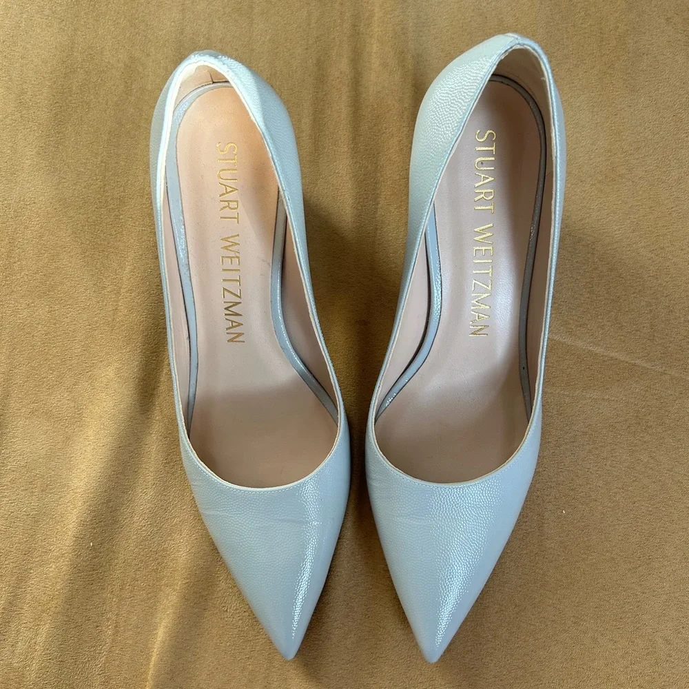 STUART WEITZMAN Light Gray Leather Pointy Toe 2.5” Chunky Heal Shoes - Picture 1 of 7